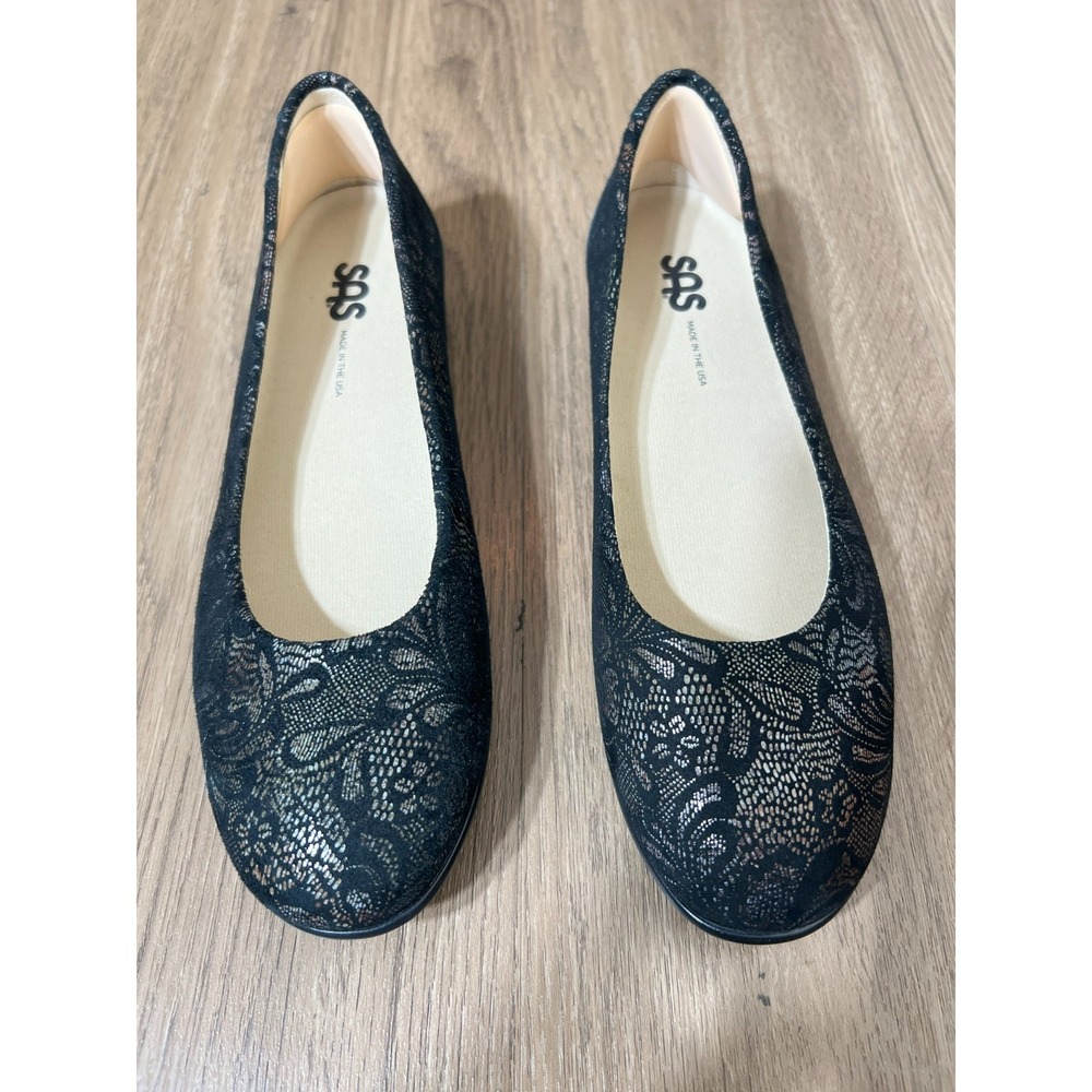 SAS Scenic Ballet Flats 7.5S‎ Black Lace Comfort Made In USA Slip On